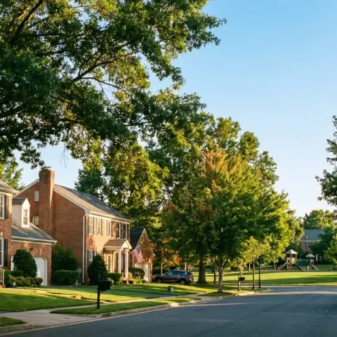 Tree-lined suburban street in a Centreville, Virginia neighborhood