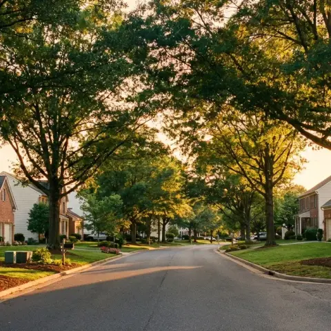 Suburban street in the Virginia Run neighborhood of Centreville Virginia with mature trees and colonial-style homes