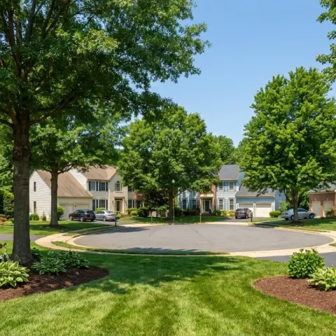 Suburban cul-de-sac in Chantilly Virginia with brick-front colonial homes, mature trees, and well-maintained lawns
