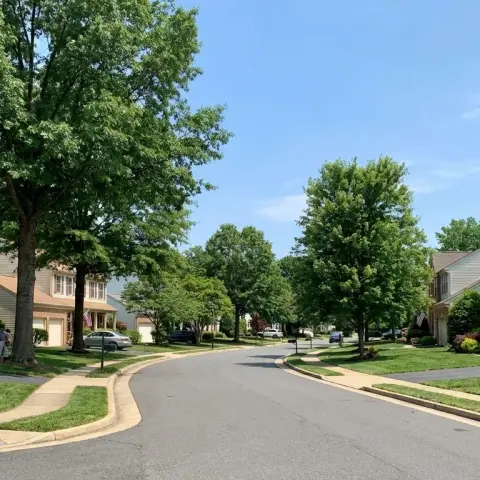 Suburban residential street in Chantilly, Virginia with mature trees and brick-front homes