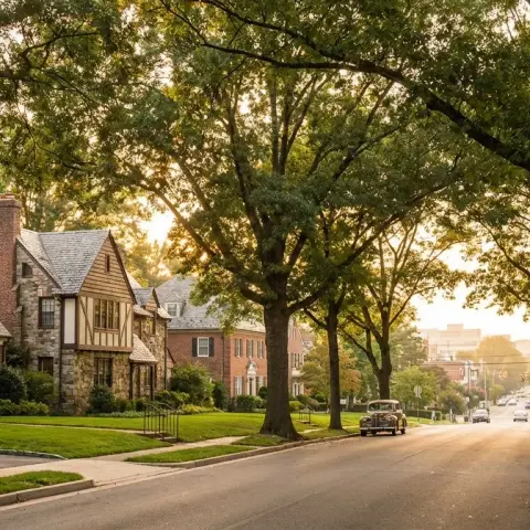 Tree-lined residential street in Chevy Chase, Maryland with Tudor and Colonial Revival homes and mature oak canopy