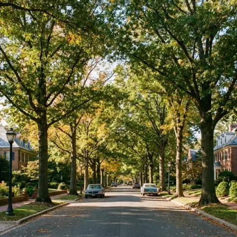 Tree-lined residential street in Chevy Chase Maryland with Colonial Revival homes and mature oak canopy