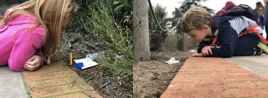 Children observing small creatures outdoors