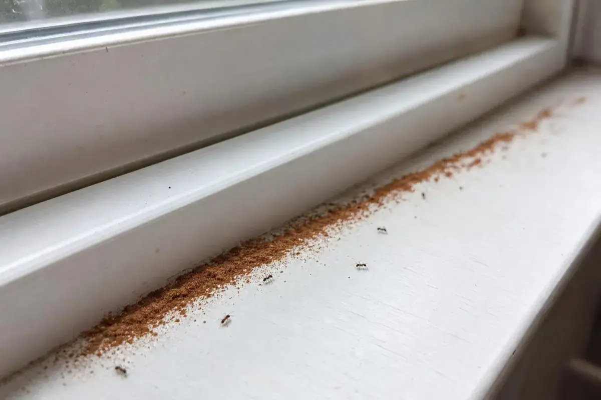 A thin line of ground cinnamon sprinkled along a white window sill with small ants nearby