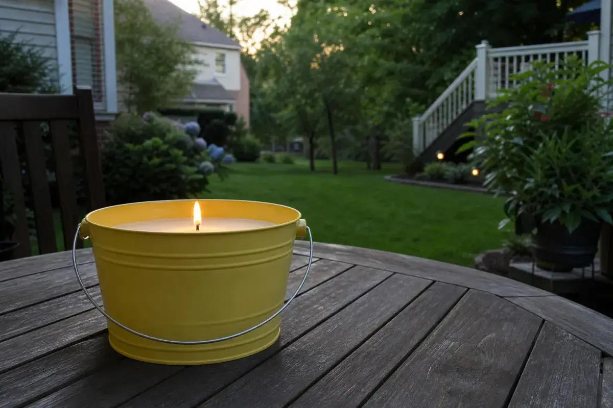 Lit yellow citronella bucket candle on a wooden patio table in a backyard at dusk