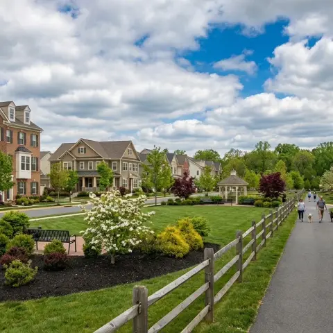 Charming suburban streetscape in Clarksburg, Maryland with townhomes and landscaped walkways