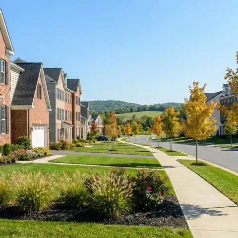 Tree-lined suburban street with colonial-style homes and townhouses in Clarksburg, Maryland