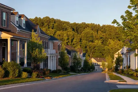Residential street in Clarksburg Maryland with brick-front townhomes, young street trees and a wooded ridgeline behind