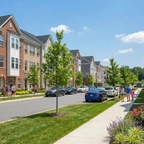 Suburban neighborhood street in Clarksburg, Maryland with modern townhomes and landscaped yards