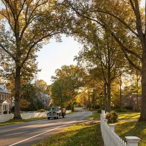 Tree-lined residential street in Clifton, Virginia with colonial-style homes and wooded lots
