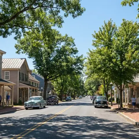 Charming historic town of Clifton Virginia with Victorian-era buildings and mature trees
