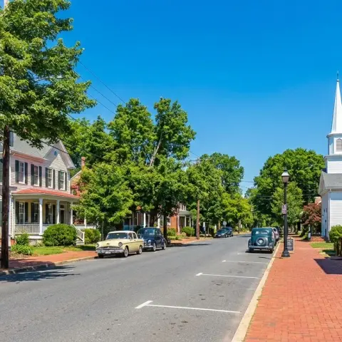 Historic town of Clifton Virginia with charming Victorian buildings and mature trees along a quiet Main Street