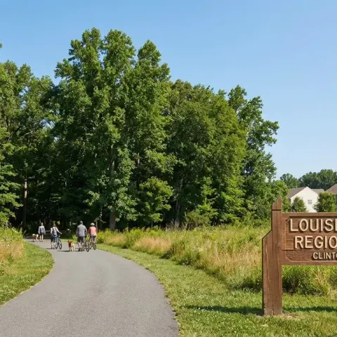 Scenic entrance to Louise F. Cosca Regional Park area in Clinton Maryland with lush green trees and walking paths