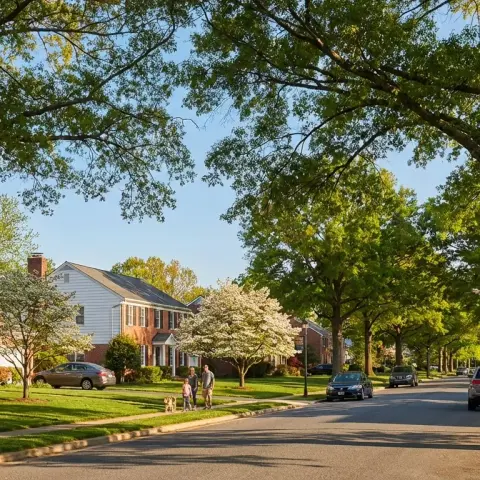 Tree-lined suburban street in Clinton, Maryland with well-maintained homes