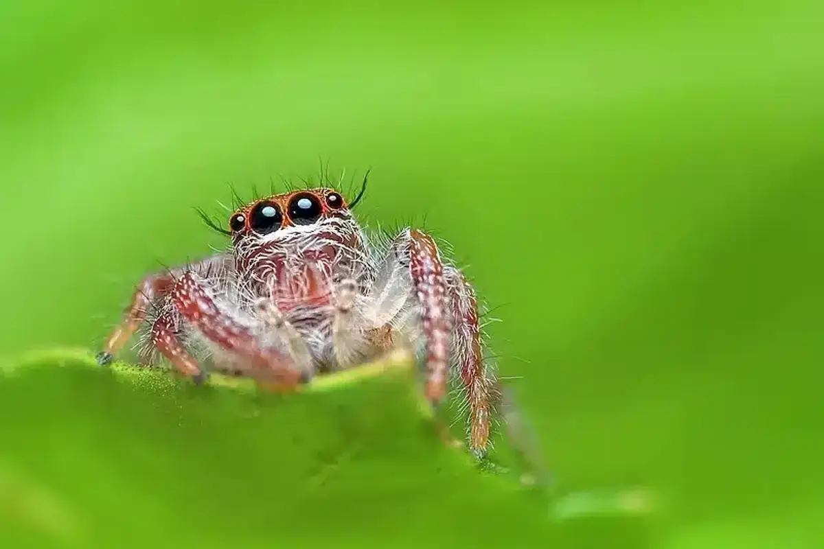 Close-up of a jumping spider showing distinctive features