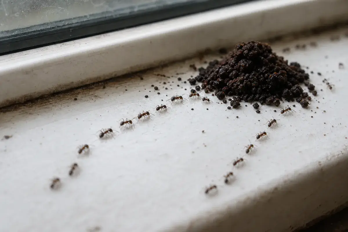 A trail of small ants on a white windowsill splitting around a pile of used coffee grounds