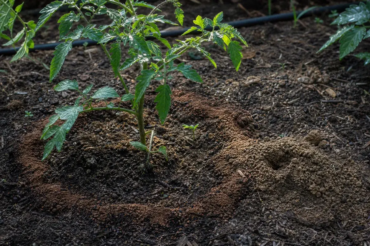 A ring of used coffee grounds spread on the soil around a young tomato plant, with loose soil from an ant mound nearby