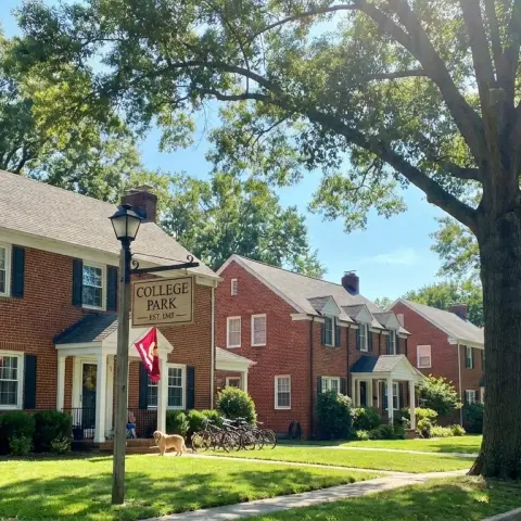 Tree-lined residential neighborhood in College Park, Maryland near the University of Maryland