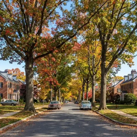 Tree-lined residential street in College Park Maryland with brick colonial-style homes and mature oak trees