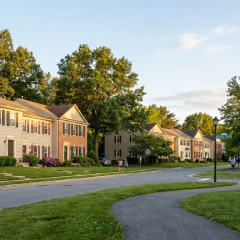 Suburban neighborhood street in Columbia Maryland Howard County with mature trees and well-maintained homes