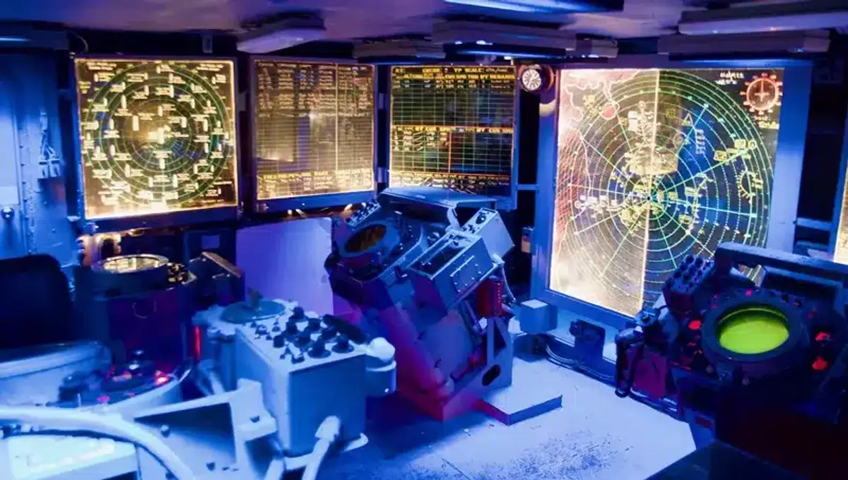High-tech control room with screens and controls