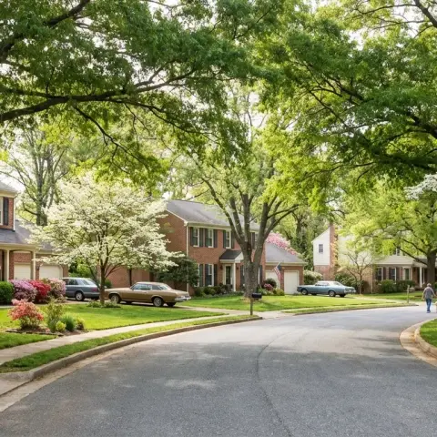 Tree-lined suburban street in Crofton Maryland planned community with colonial-style homes