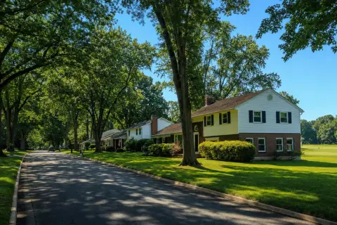 Tree-lined street of established single-family homes in Crofton, Maryland with a golf course fairway beyond the back yards
