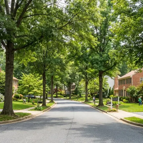 Tree-lined suburban street in a Crofton Maryland neighborhood with colonial-style homes