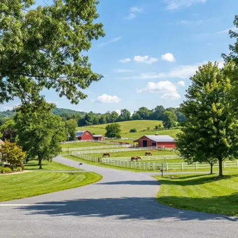 Charming rural-suburban neighborhood in Damascus, Maryland with mature trees and rolling green hills