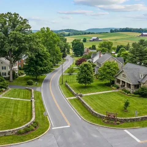 Charming rural-suburban street in Damascus Maryland with mature trees and colonial-style homes