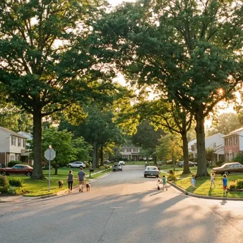 Tree-lined suburban street in Derwood Maryland with colonial homes and green lawns