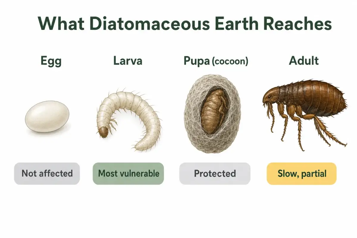 Diagram of the four flea life stages showing diatomaceous earth does not affect eggs, works best on larvae, cannot reach pupae in cocoons, and is slow on adults