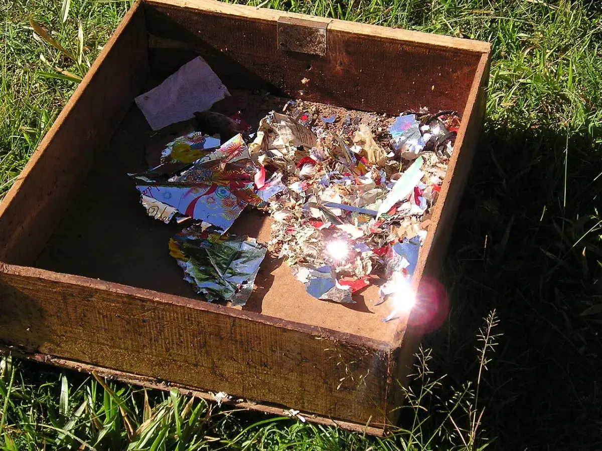 Shredded paper and foil packaging left behind as mouse nesting material in an old wooden drawer