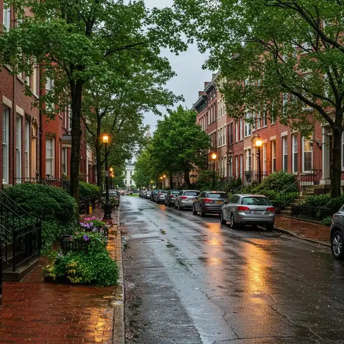 DMV residential street scene after rainfall