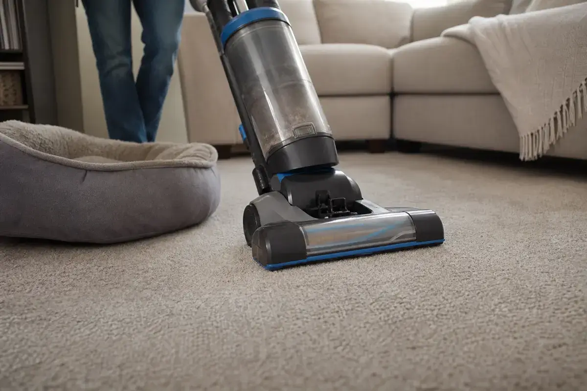 Upright vacuum cleaning a living room carpet next to a pet bed