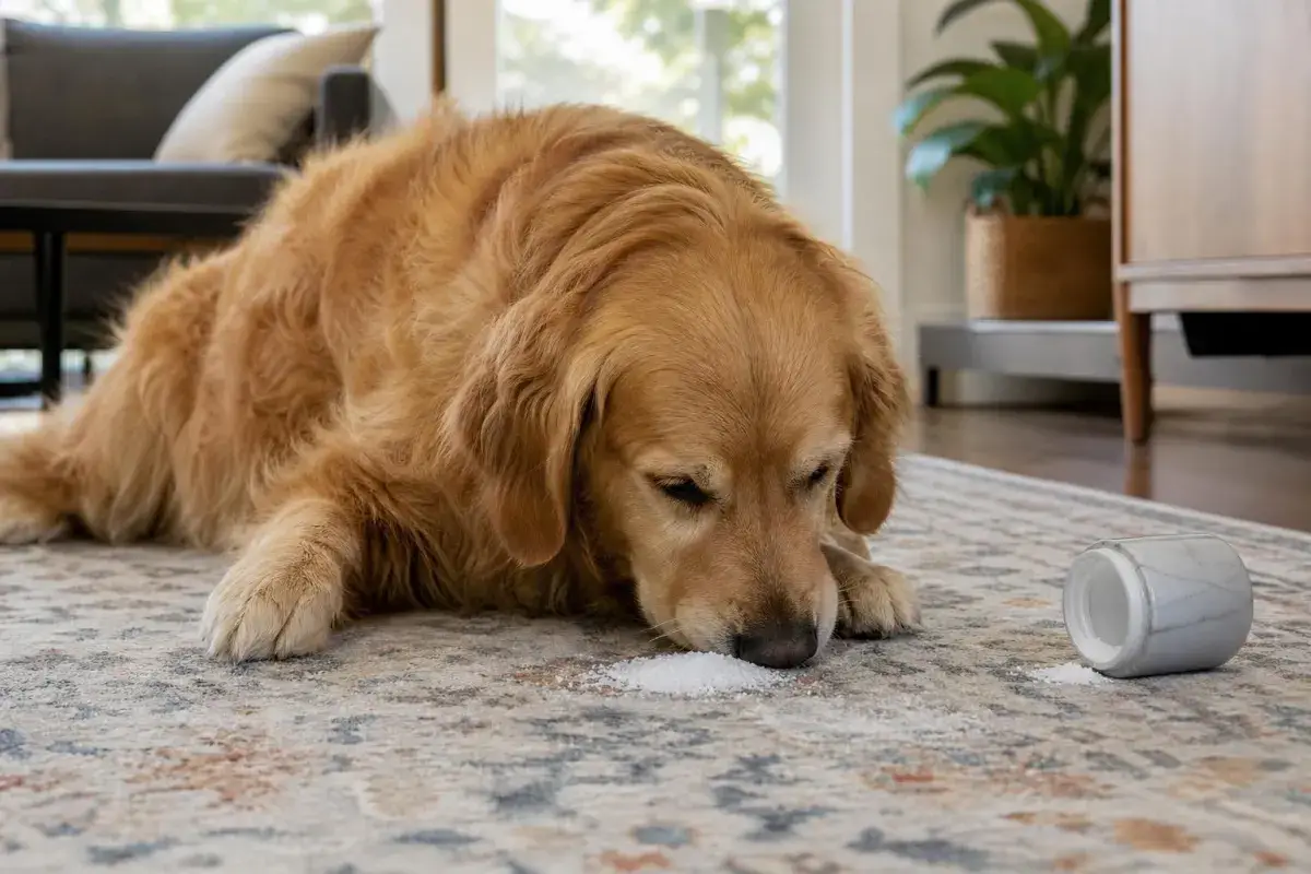 Golden retriever lying on a rug sniffing a small pile of spilled table salt
