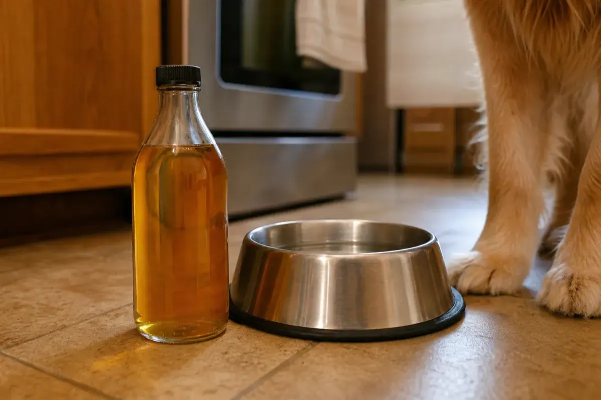 Bottle of apple cider vinegar on a kitchen floor next to a dog's water bowl