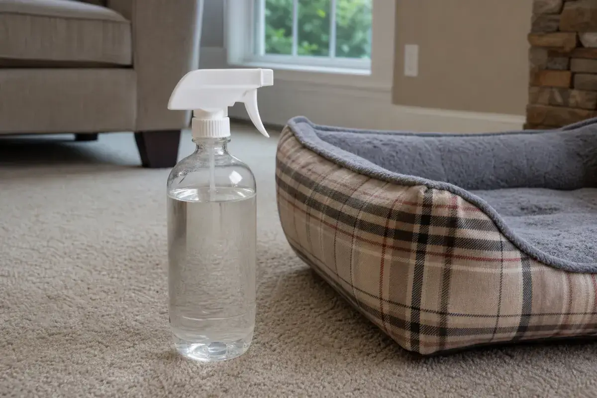Spray bottle of white vinegar on a beige carpet next to a plaid dog bed