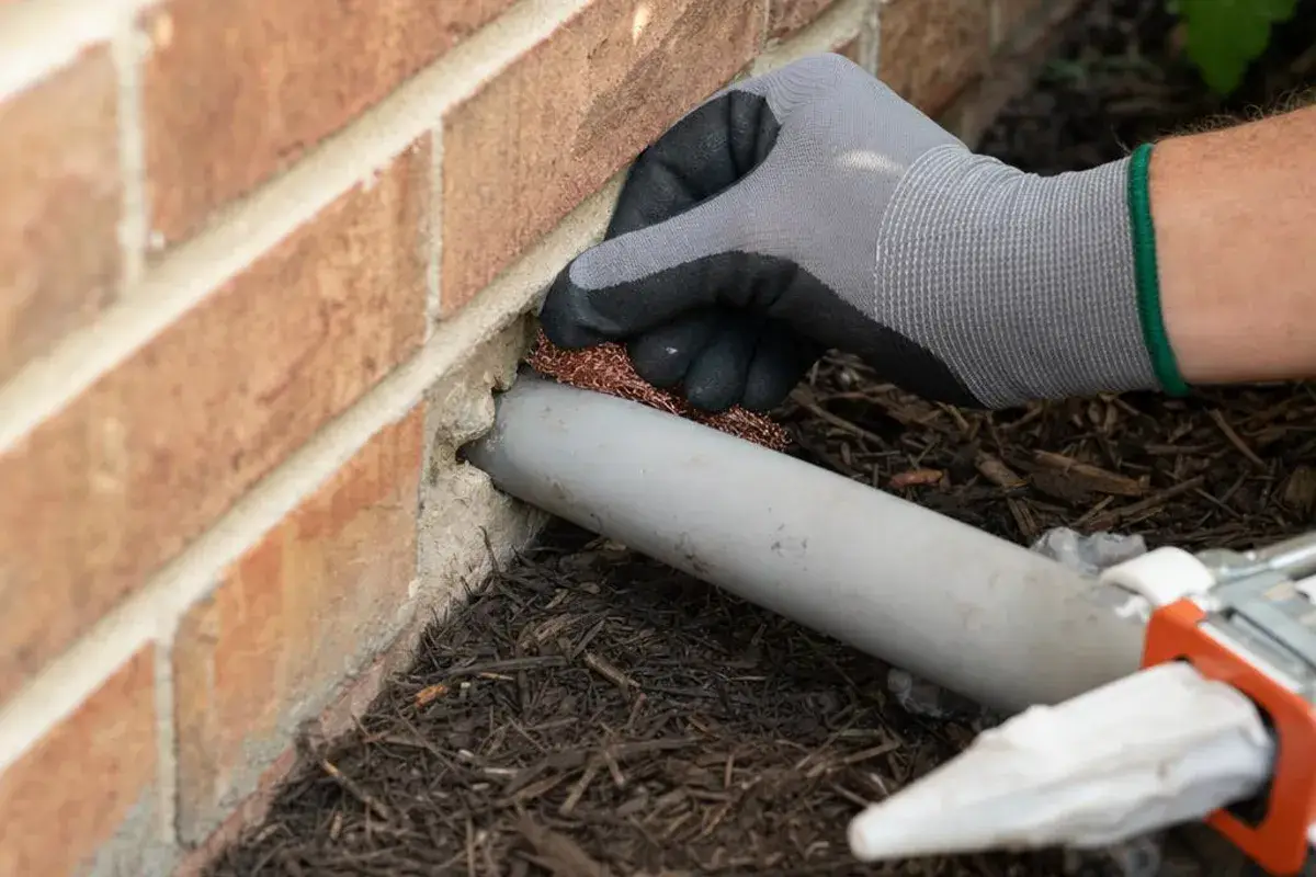 Gloved hand packing copper mesh into a gap around a utility pipe at a brick foundation