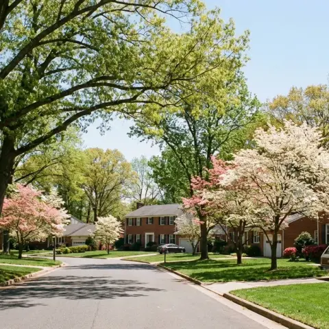 Tree-lined residential street in Dunn Loring, Virginia with colonial and craftsman style homes