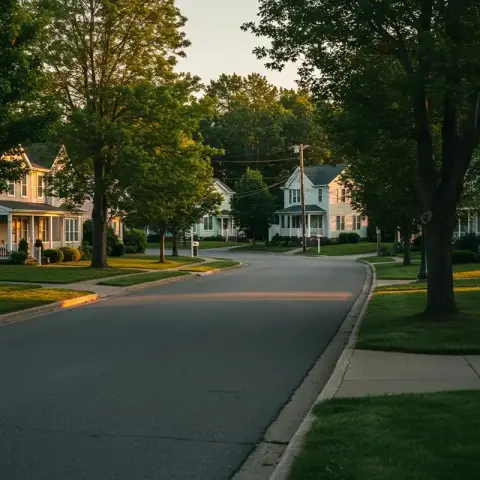 Quiet residential street lined with trees in Edgewater, Maryland near the South River