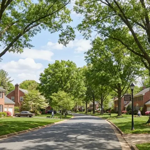 Charming suburban street in Fairfax, Virginia with mature trees and colonial-style homes