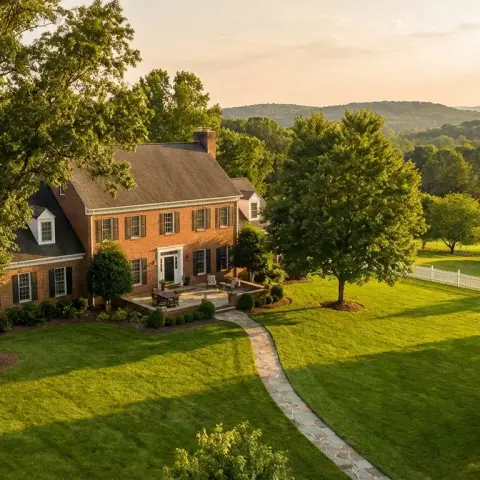 Suburban neighborhood in Fairfax Station, Virginia with mature trees and colonial-style homes