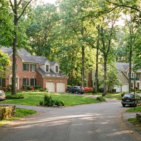 Suburban street in Fairfax Station Virginia with mature trees, large colonial homes, and a quiet wooded neighborhood near Burke Lake