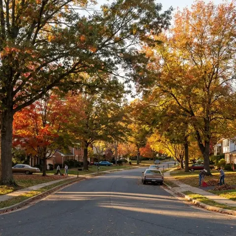 Residential street with brick colonial and split-level homes in Fairfax Virginia neighborhood