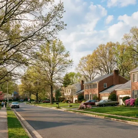 Tree-lined residential street in Fairfax Virginia with classic mid-century brick colonial homes and mature tree canopy