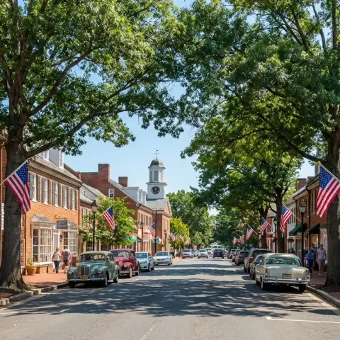 Historic brick storefronts and tree-lined street in Old Town Fairfax, the county seat of Fairfax County, Virginia