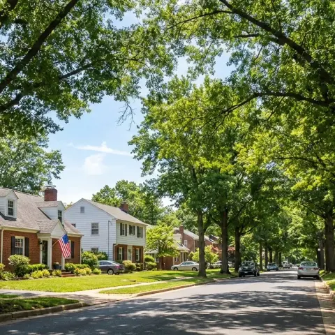 Tree-lined residential street in Falls Church Virginia with brick colonial and Cape Cod homes under mature canopy