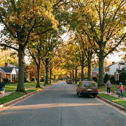 Tree-lined residential street in Falls Church, Virginia with colonial-style homes and mature oak trees