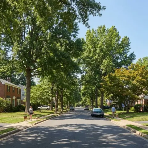 Tree-lined suburban street in Falls Church Virginia with charming homes and mature trees